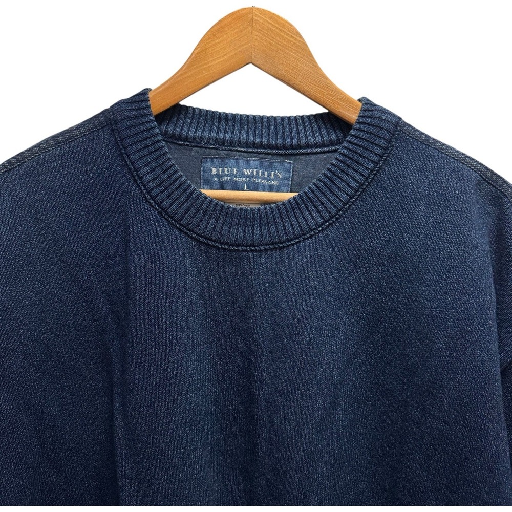 Blue Willi's Denmark Men's Sz Large Blue Chunky Knit Cotton Crewneck Sweater euc